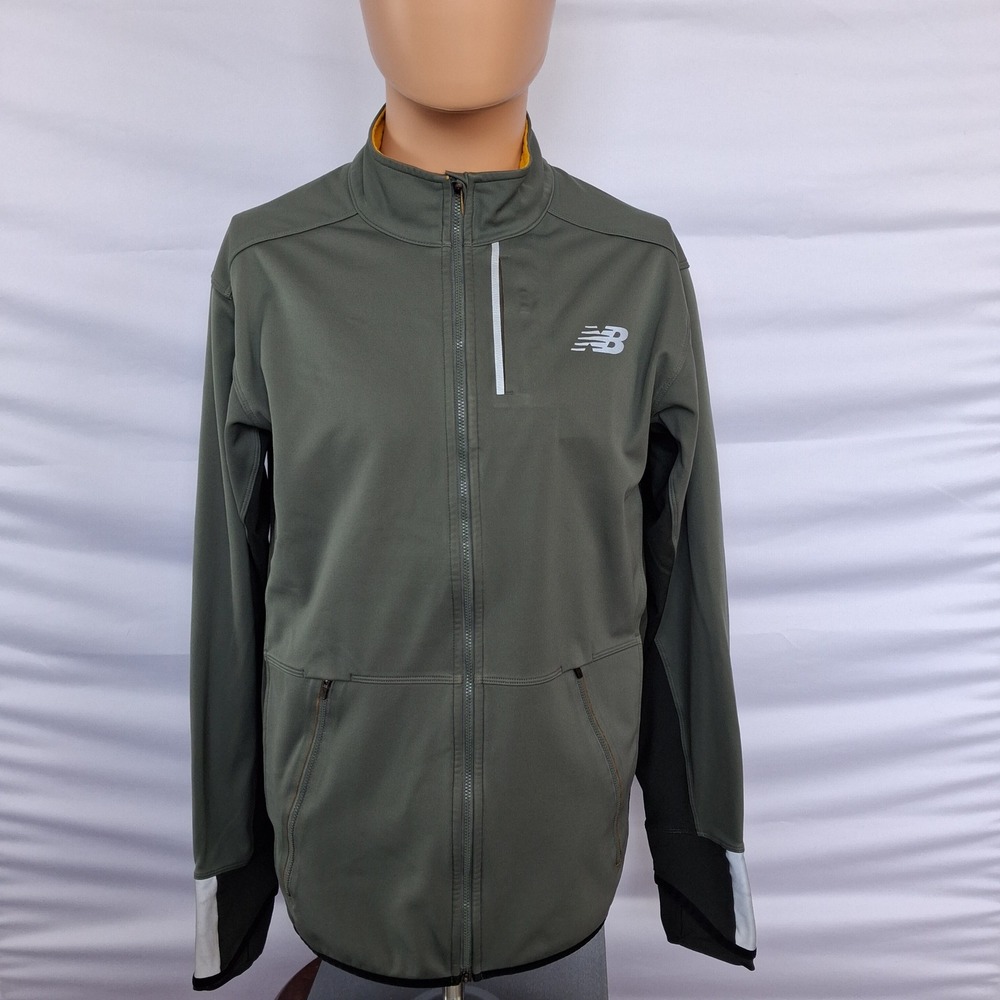New Balance Mens Full Zip Running Jacket Green Gray Reflective Thumbholes Medium